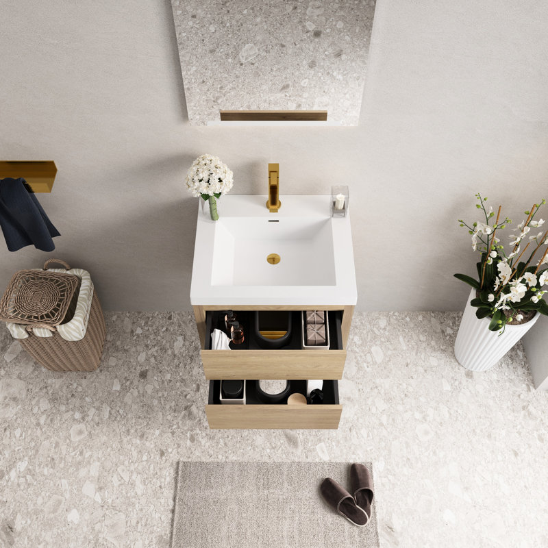 Meuble-lavabo suspendu de 61 cm (24 po) en chêne naturel avec lavabo en résine de pierre brillante, préassemblé pour un gain de temps, finition à l'eau sur le bois, poids du produit : 43,4 kg (95,8 lb), largeur de l'emballage : 64,5 cm (25,4 po), fixation murale.