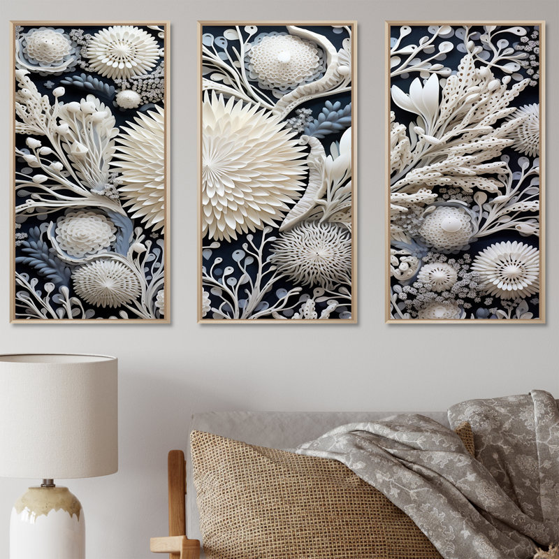 Fleurs de corail gris - Ensemble d'art mural corail sous l'eau, H 40 po x l 60 po x P 1 po, Cadre naturel flottant