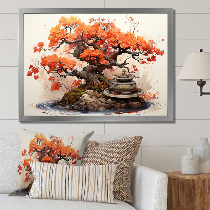 Autumnal Bonsai Charm II - Art mural arbre bonsaï, Cadre de coin argenté fermé, H 34 po x l 44 po x P 1,5 po