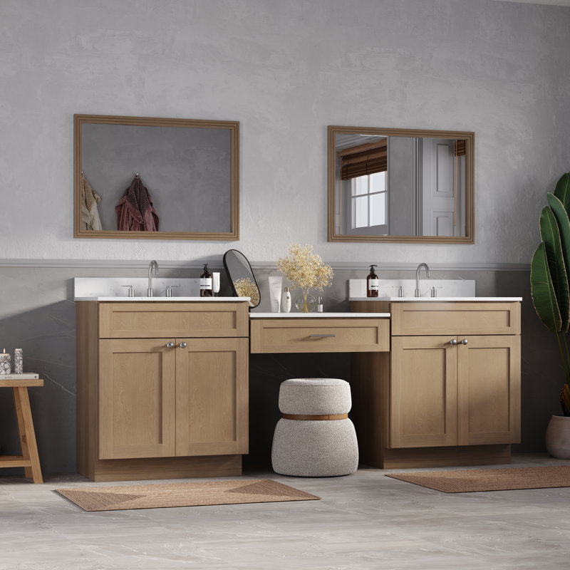91'' Double Bathroom Vanity with Quartz Top, Natural Oak
