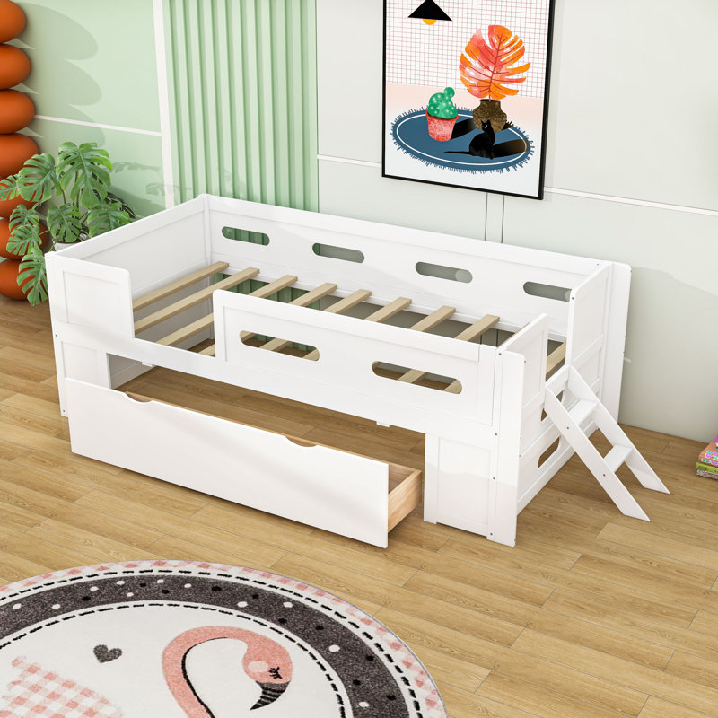 Lit plateforme en bois avec garde-corps et tiroir, Lit simple, Blanc