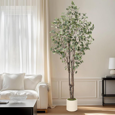 7FT Artificial Eucalyptus Tree, Realistic Faux Plant with Multi-Stem Design, White Planter
