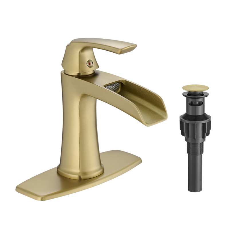Brushed Gold Waterfall Bathroom Faucet With Pop-Up Drain And Deck Plate - Single Handle Bathroom Faucet, Brushed Gold