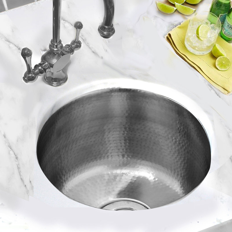 Brightwork 15-Inch Hand Hammered Round Stainless Steel Bar Sink, Matte Satin Stainless