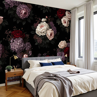 Peel and Stick Wallpaper 96" W x 69" H Modern Self Adhesive Wall Mural for Bedroom Dramatic Floral Seamless Burgundy Roses Hydrangeas Foliage Gothic
