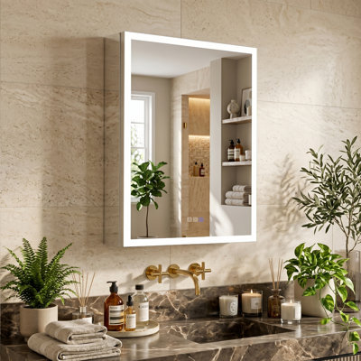 Armoire à pharmacie éclairée 48x30 avec miroir, système antibuée, variateur, étagères en verre ajustables, structure en aluminium, charnières à fermeture douce