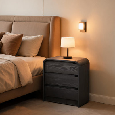 3-Drawer Curved Nightstand with Outlet, 3 Drawer Nightstand, Wooden Nightstand