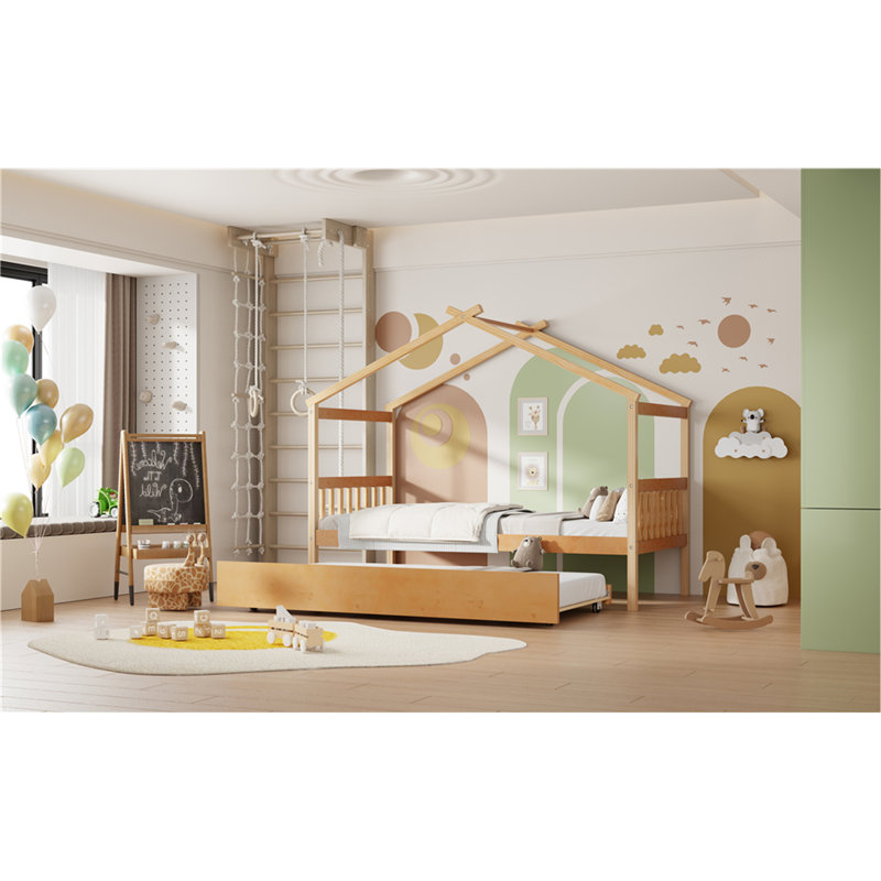 Lit en bois avec lit gigogne simple, Naturel, Lit simple