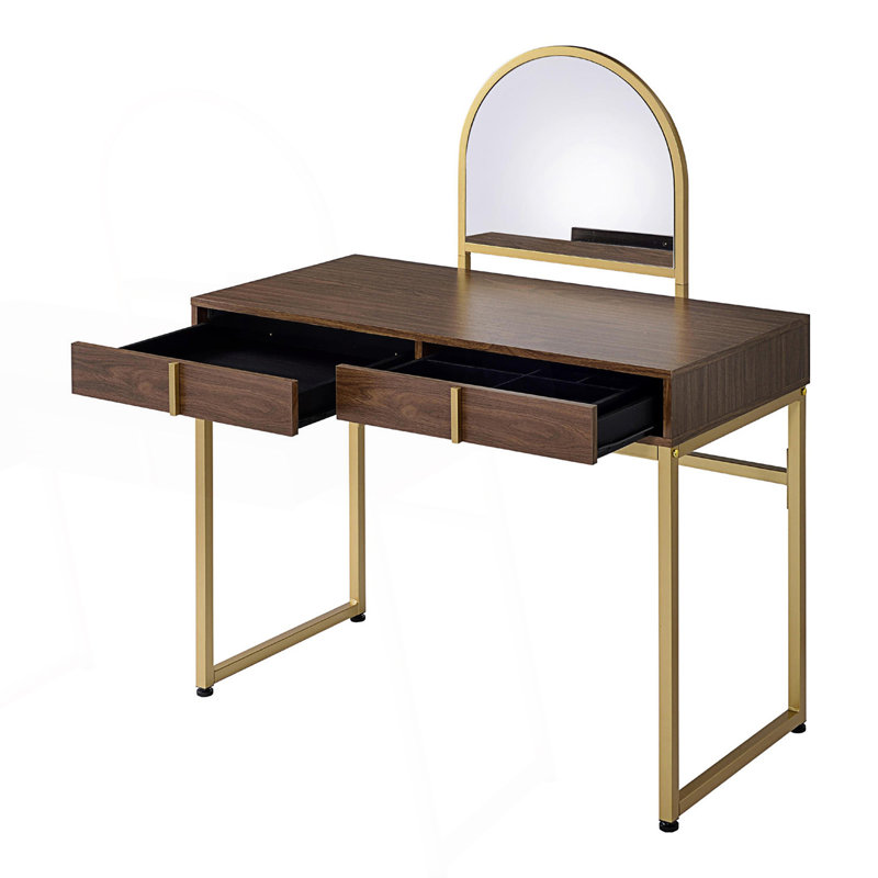 Bureau de coiffeuse avec miroir et cadre en métal ouvert, brun et doré