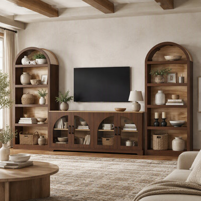 Ensemble de meuble télé 3 pièces avec bibliothèque pour téléviseur de 70 po ou moins, centre de divertissement bicolore en grain de bois avec design arqué, buffet de ferme avec portes en verre trempé pour le salon, noyer et naturel
