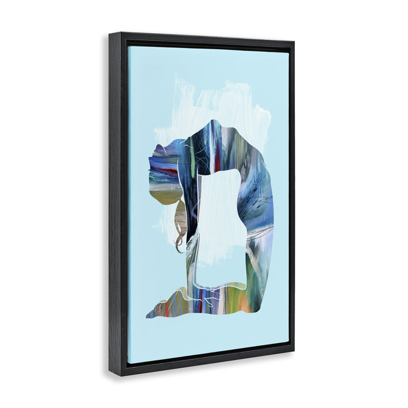 «Powerful Yoga Stretch», toile encadrée dorée par Tim Parker, H 31 po x l 21 po, Cadre flottant noir de jais