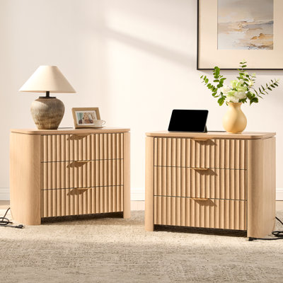 3-Drawer Nightstand Set of 2, Natural Oak