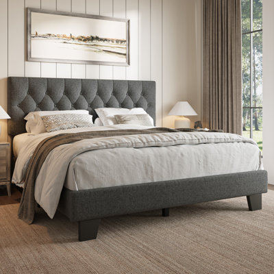 Full Upholstered Bed Frame with Headboard, Button Tufted Linen Bed Base, Platform Bed with Wood Slat, Heavy Duty, Easy Assembly, No Box Spring Needed, Dark Grey