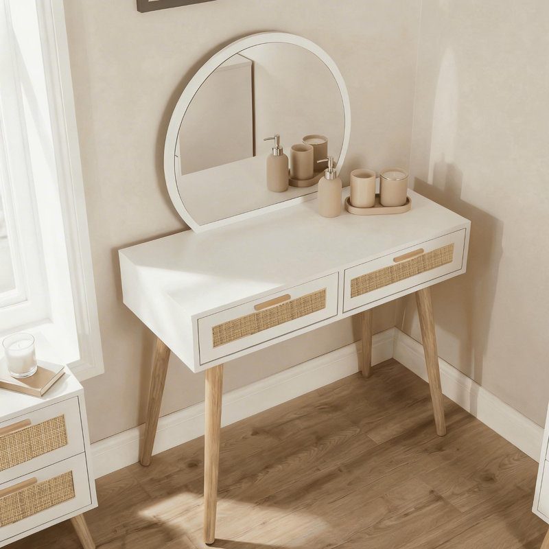 Anelise White Rattan Dressing Table with Mirror
