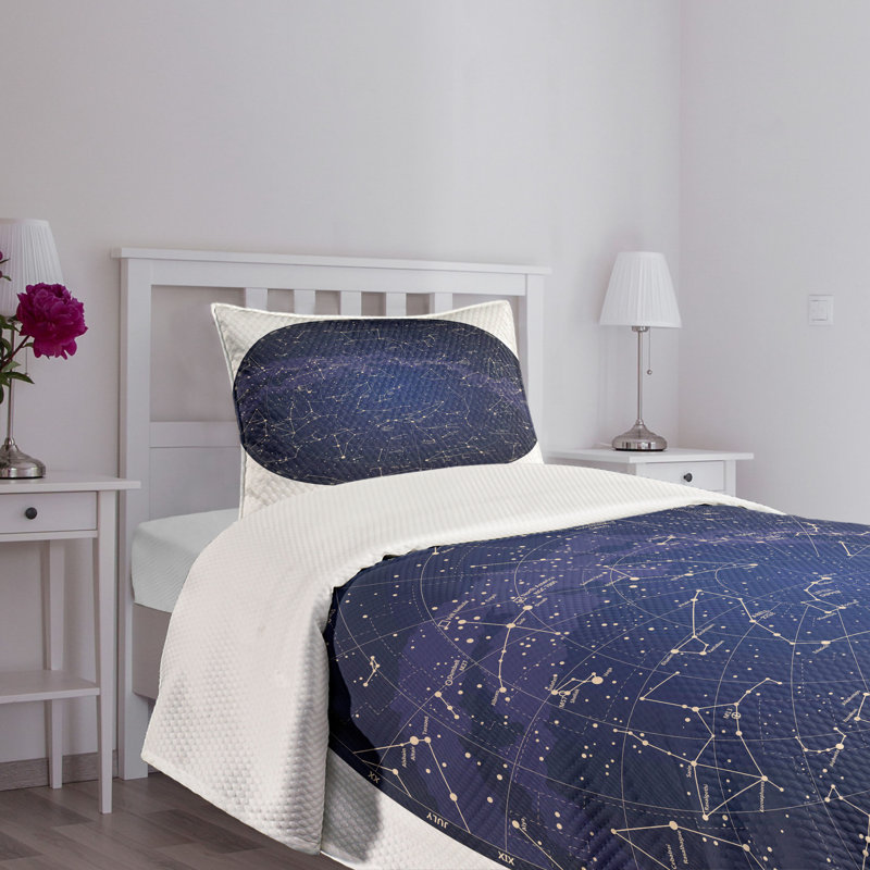 Twin Blue Constellation Quilted Bedspread Set with Pillow Sham
