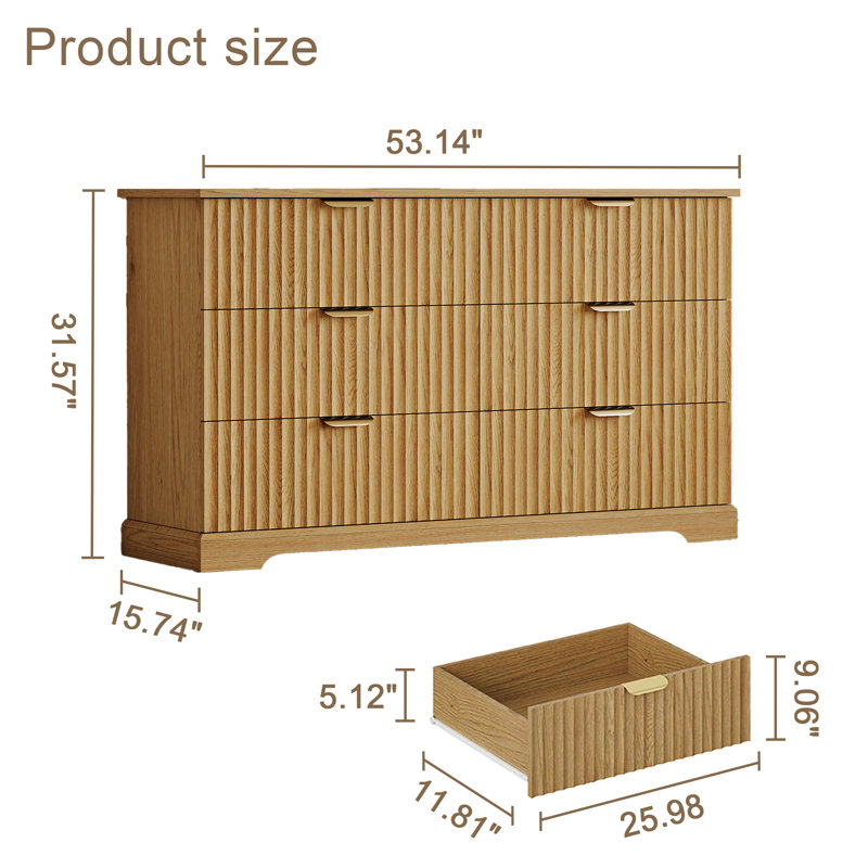 53.1" W 6-Drawer Double Dresser, Fluted Wooden Chest of Drawers with Metal Handle, Natural