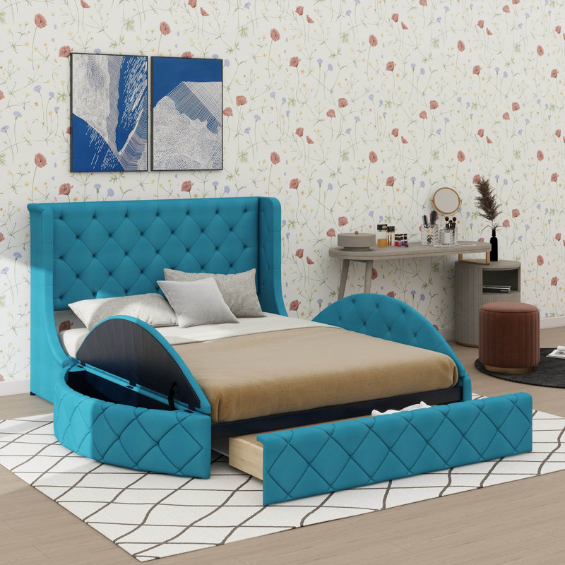 Lit plateforme tapissier grand en velours avec tête de lit à oreilles et 1 grand tiroir, 2 tabourets de rangement latéraux