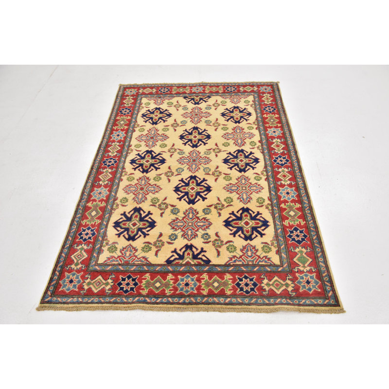 Tapis en laine rouge 4 pi x 5 pi 10 po one-of-kind à la main noué la new age Alayna