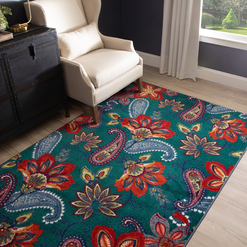 Kamberk Teal Modern Floral Area Rug, Rectangle 6' x 9'