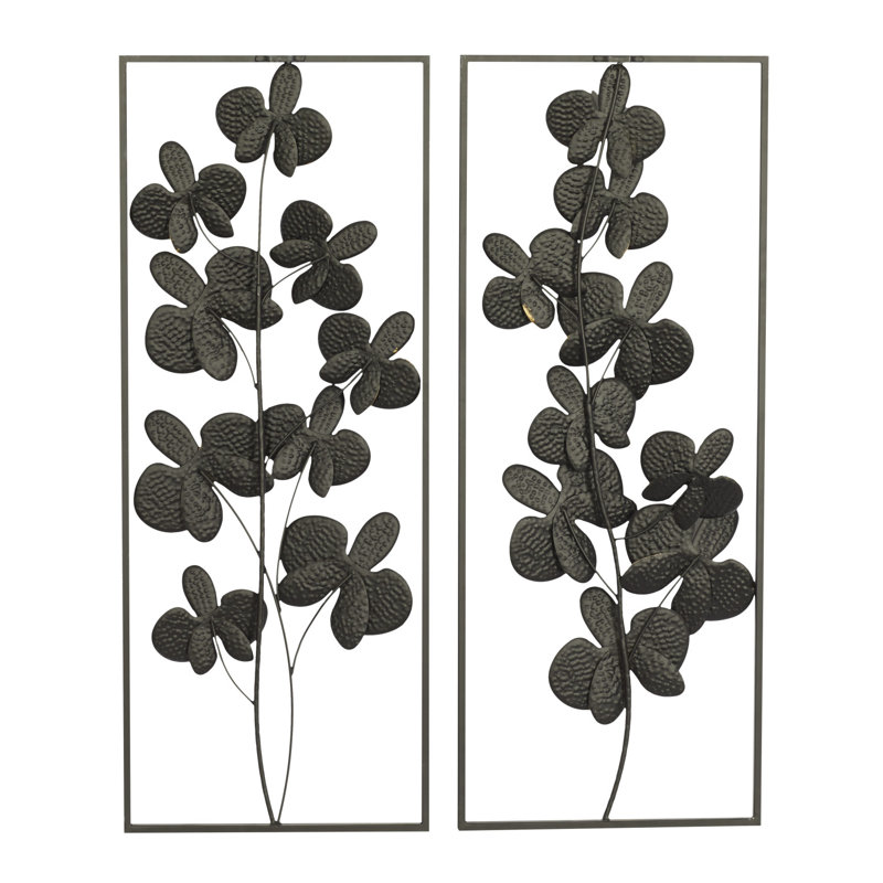 Ensemble de décoration murale en métal orchidée métallique noire avec cadre noir