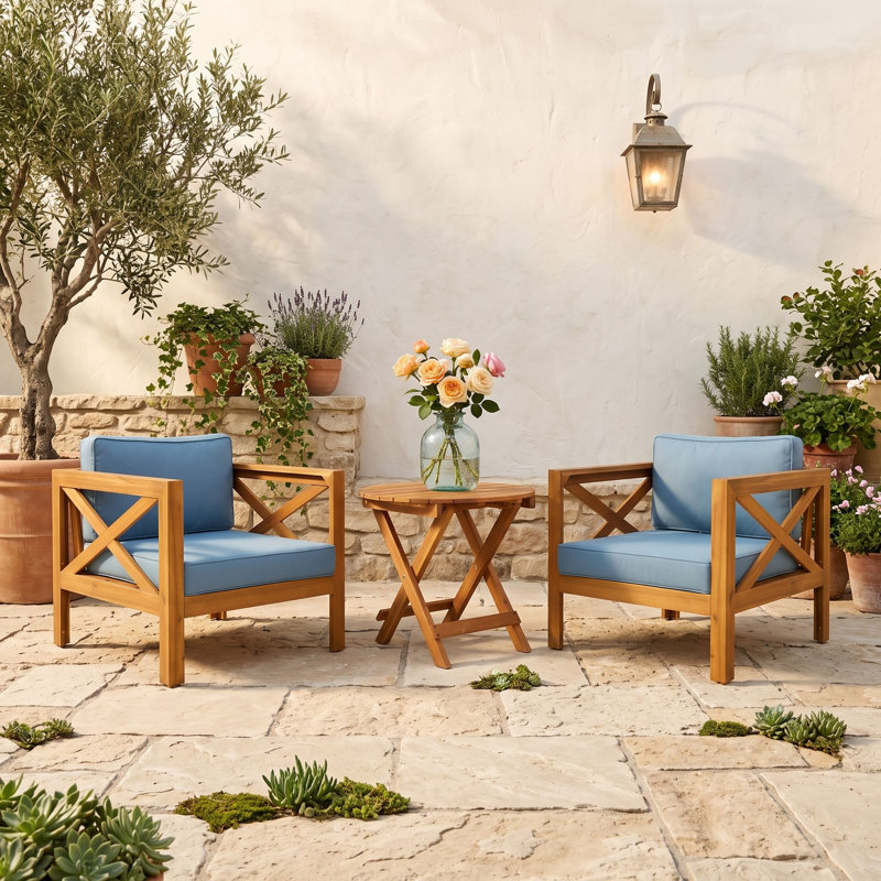 Ensemble de conversation en bois pour patio avec table d'appoint pliante, Blue Teak
