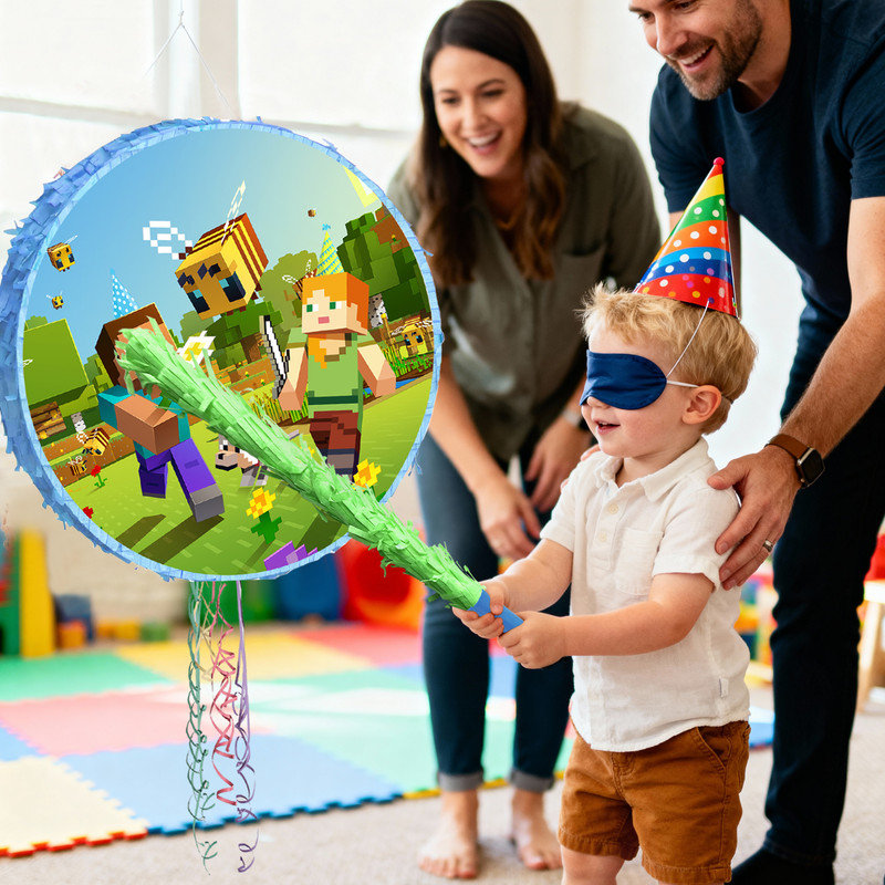 4Pcs Pixel Game Pinata, Minecraft Round Pinata Set