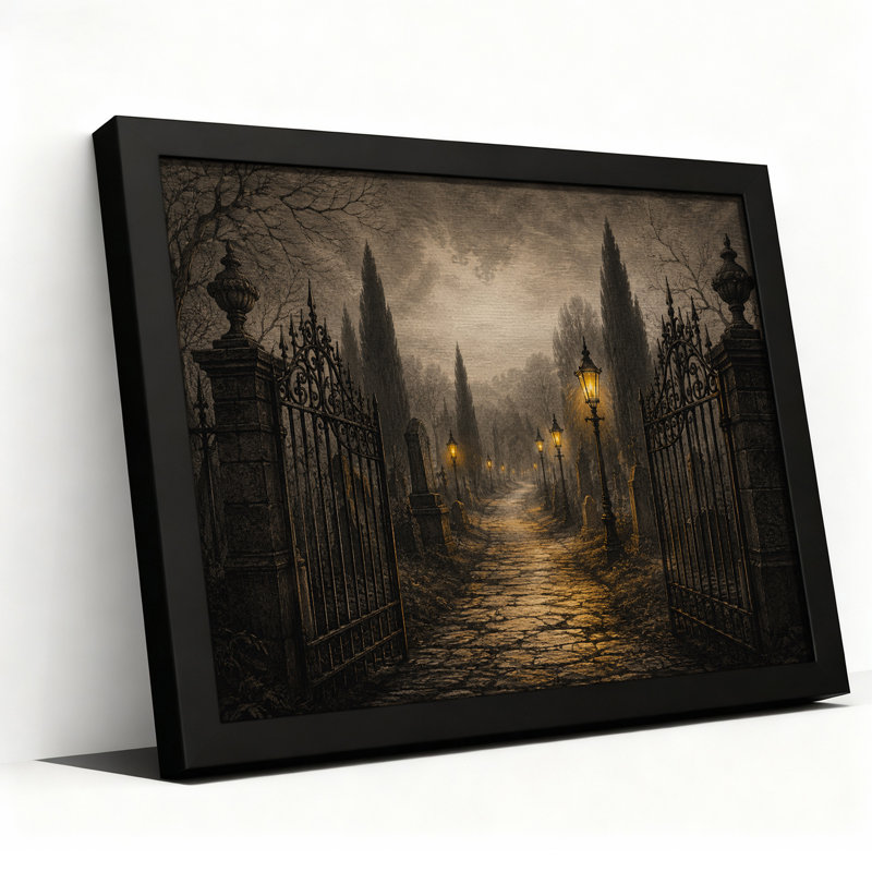 Toile ouverte sur un chemin pavé brumeux et halloween, H 16 po x l 24 po