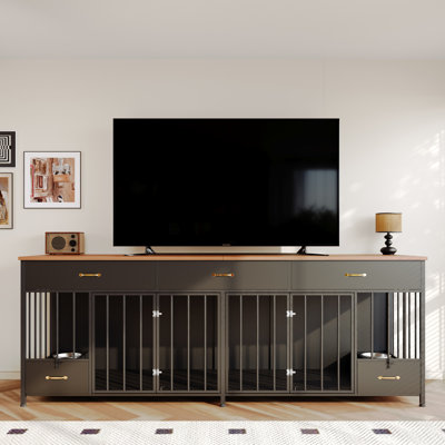 Meuble de 91,5 po en bois pour chien - Meuble télé double avec 3 tiroirs et bols amovibles - Maison pour petits, moyens et grands chiens - noir
