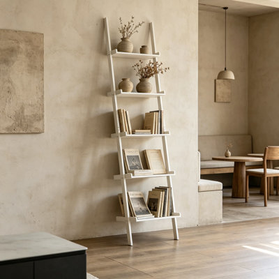5-Tier Ladder Shelf, Leaning Bookshelf With Storage Shelves, Freestanding Wall Shelf For Plants, Books, Decor, Modern Display Rack For Living Room, Bedroom, Corner, Home Office, White