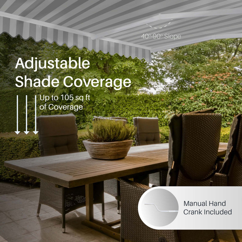 Retractable Patio Awning - White Frame, Gray/White, 13' W x 10' D 