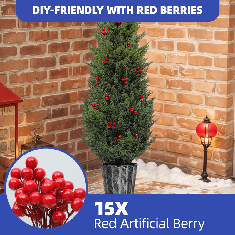  Cyprès artificiel de 4 pi, arbre de Noël extérieur cyprès, plantes artificielles d'extérieur en pot avec baies rouges