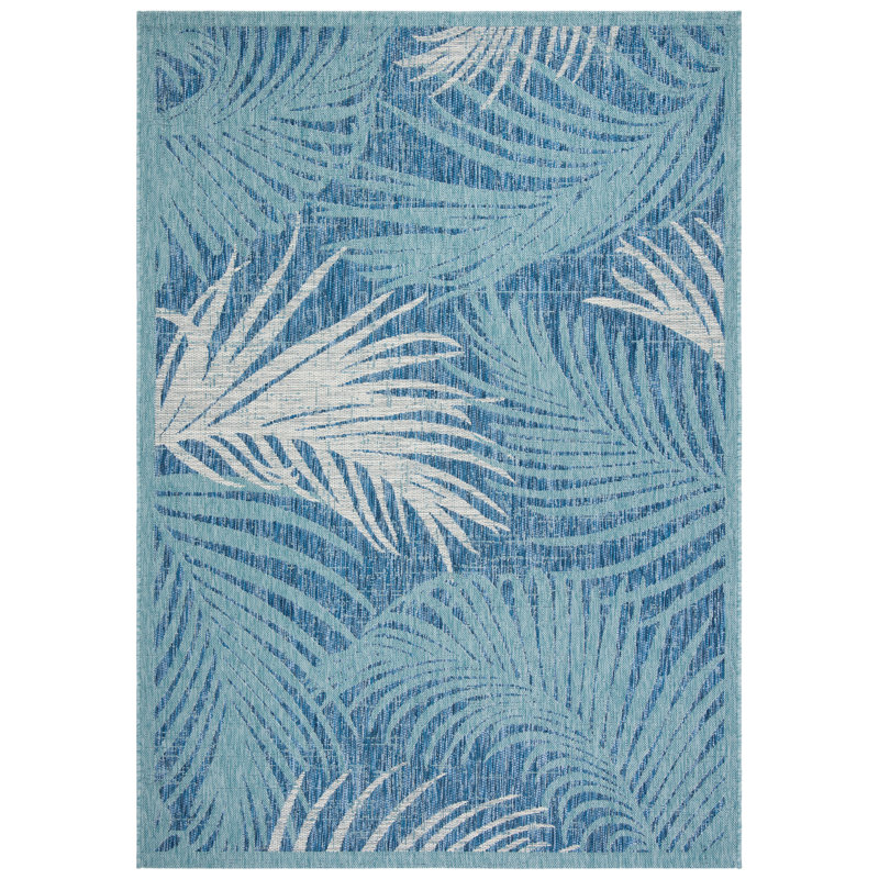 Lon Floral Machine Made Power Loom Indoor/Outdoor Area Rug in Aqua/Navy, Rectangle 3' x 5'