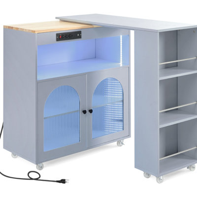 Modern Grey Kitchen Island With Fluted Glass Doors, Led Lighting, Power Sockets & Storage Extended Table, Lights, Outlets, Doors Robust Construction