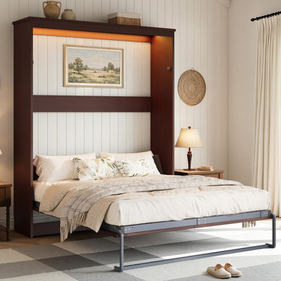 66" W Farmhouse Queen Size Murphy Bed With Led Lights & Charging Station, Hidden Foldable Wall Cabinet Bed, Walnut