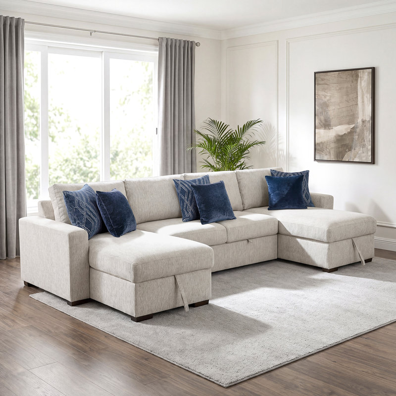 Retford 143" Modern & Contemporary Microfiber 3-Piece Sectional Sofa with Pull-Out Bed, Two Reversible Chaises & Hidden Storage