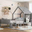 Lit plateforme gris gris avec escalier bas, fenêtre, bibliothèque, tableau noir et toit en étoile, fonctionnalité durable, pas de sommier en bois massif facile à assembler,