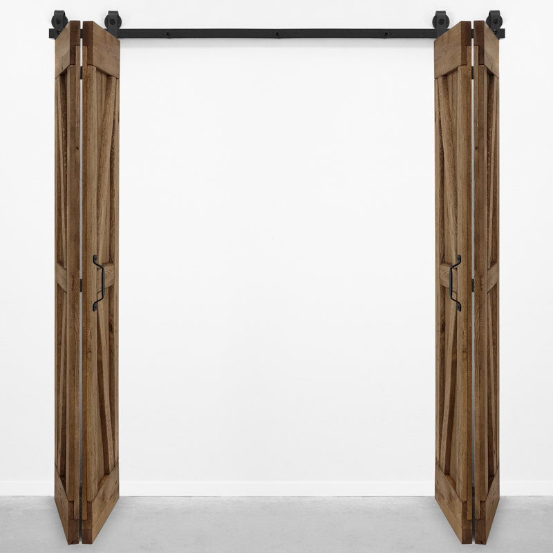 Favian Double Bi-Folding System Solid Oak Barn Door, Brown Oil