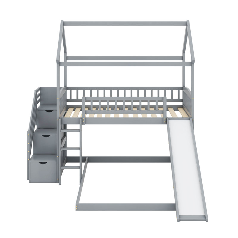 Twin Over Full House Bunk Bed With Slide, Gray