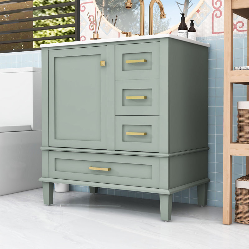 Ensemble de meuble-lavabo 30 po avec lavabo en céramique, armoire de rangement et 3 tiroirs, Vert sauge