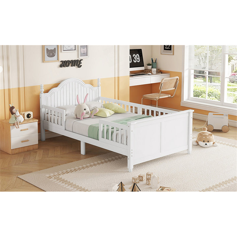 Lit simple pour enfants, lit plateforme simple en bois avec tête et pied de lit, Lit simple, Blanc