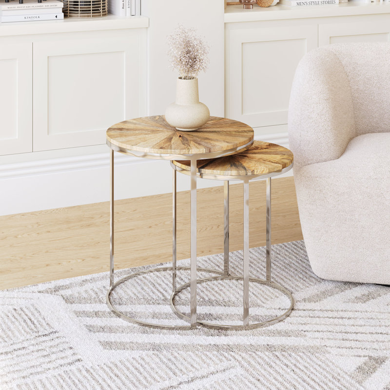 Natural Acacia Wood and Steel Nesting Coffee Table Set