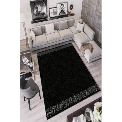 Stylish Area Rug (5.2 x 7.5 ft), Black, 100% Polyester | 650 g/m², 0.2 in Pile Height, Antibacterial & Eco-Friendly, Non-Slip PVC Dot Underside | Machine Washable, Perfect for Living Room & Bedroom Decor