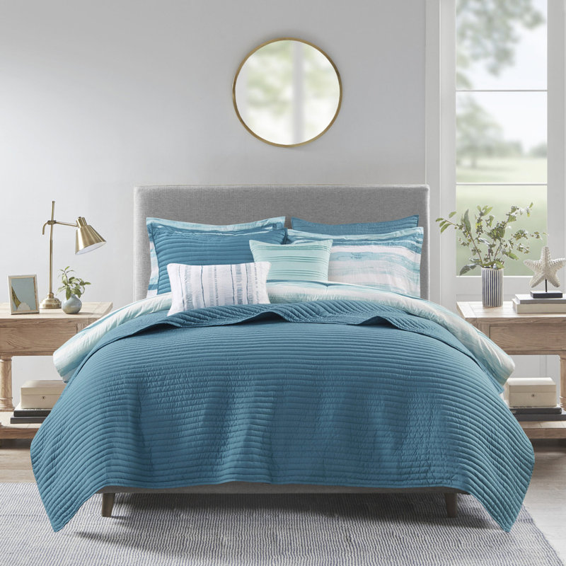 Ensemble de chambre à coucher double / grand 8 pièces avec imprimé à imprimé d'aquarelle sereine et bleu sarcelle, bleu sarcelle, 2 taies décoratives, 3 taies décoratives, 3 coussins décoratifs et ensemble de courtepointe