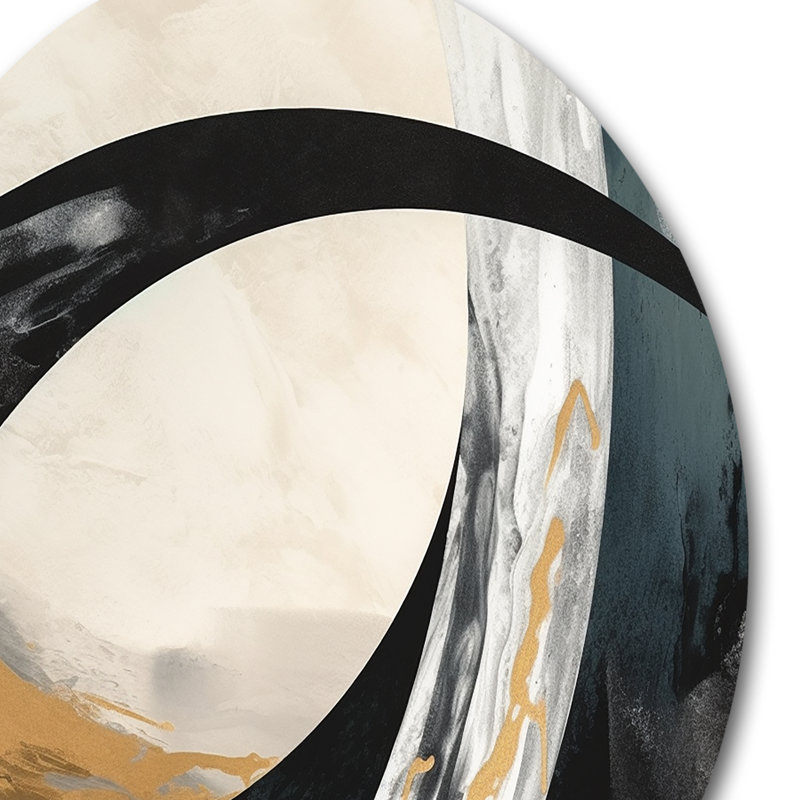 «Black Gold Abstract Shapes Marble II», art abstrait rond en marbre sur métal, H 29 po x l 29 po x P 1 po