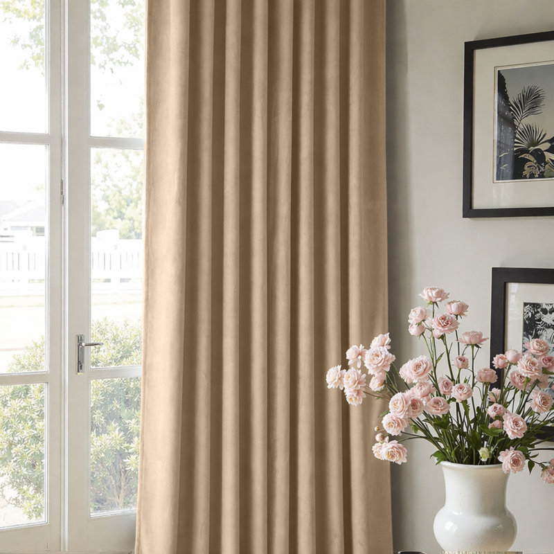 Alsey 100% Velvet Blackout Eyelet Ready Made Curtains & Drapes with matching Tie Backs, Beige, (168 Width X 183 Height) cm