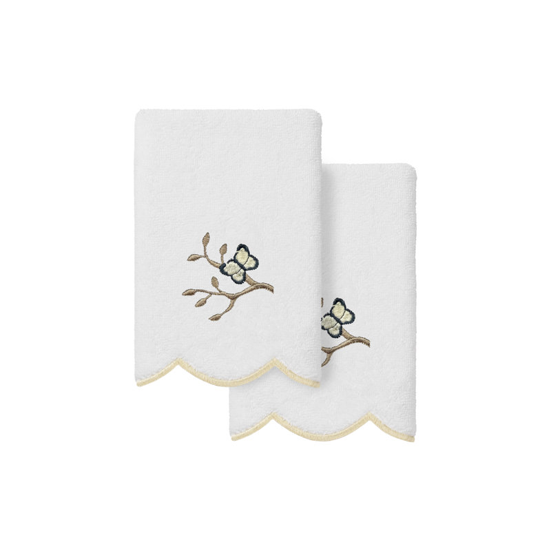  Ensemble de serviettes 100% coton à motif festonné 2 pièces, Blanc / beige, Ensemble de 2 serviettes en bout de doigt