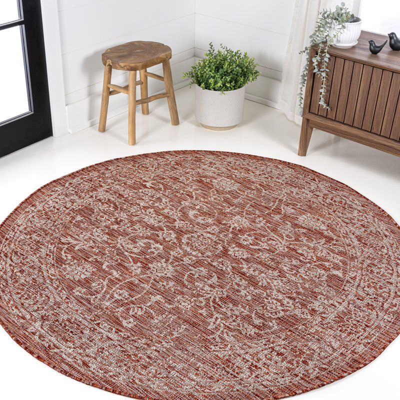 Leonora Bohemian Textured Weave Floral Red/Taupe Indoor/Outdoor Rug, Round 9'