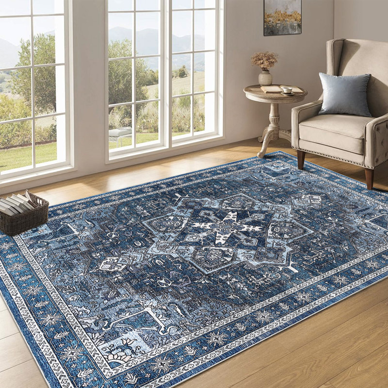 Living Room Machine Washable Non Slip Low Pile Lightweight Chenille Print Rug Vintage Retro Rugs for Bedroom Dining Room Home Office