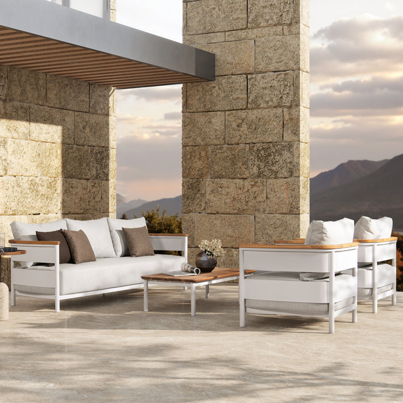 Abertamy 4Pc Upholstered Teak & Aluminum Outdoor Patio Conversation Set