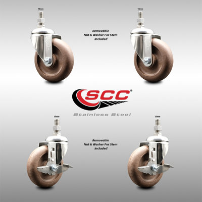 4 Inch 316SS High Temp Glass Filled Nylon 10mm Stem Caster Set 2 Brakes SCC